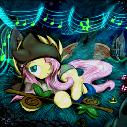 Size: 1168x1168 | Tagged: safe, artist:frist44, fluttershy, g4, crossover, forest, god tier, hero of life, homestuck, music, page of life, plant, ponystuck, staff, story included