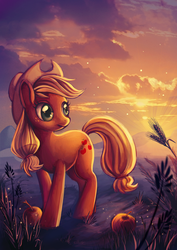 Size: 1024x1448 | Tagged: safe, artist:sprucie, applejack, g4, apple, crepuscular rays, female, scenery, solo, sunset