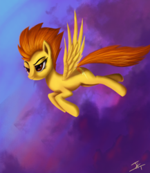 Size: 1024x1181 | Tagged: dead source, safe, artist:jeki, spitfire, pegasus, pony, g4, female, flying, mare, solo, sunset