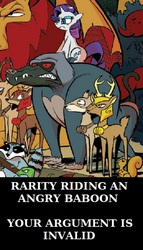 Size: 438x766 | Tagged: safe, edit, idw, official comic, manny roar, rarity, timberlane, baboon, deer, manticore, pony, raccoon, snake, squirrel, unicorn, g4, spoiler:comic, spoiler:comic28, female, mare, riding, unnamed character, unnamed deer, your argument is invalid