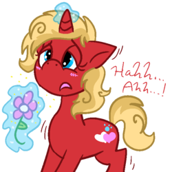 Size: 600x600 | Tagged: safe, artist:php68, oc, oc only, oc:rosyred, pony, unicorn, allergies, blushing, flower, magic, nostrils, pre sneeze, shivering, simple background, sneezing, solo, telekinesis, transparent background
