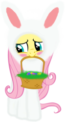Size: 2013x3798 | Tagged: safe, artist:shutterflyeqd, fluttershy, pegasus, pony, g4, basket, blushing, cute, daaaaaaaaaaaw, easter, easter basket, easter bunny, high res, hnnng, mouth hold, shyabetes, simple background, solo, transparent background, vector