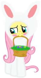 Size: 2013x3798 | Tagged: safe, artist:shutterflyeqd, fluttershy, pegasus, pony, g4, basket, blushing, cute, daaaaaaaaaaaw, easter, easter basket, easter bunny, female, high res, hnnng, mouth hold, shyabetes, simple background, solo, transparent background, vector