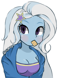 Size: 3000x4000 | Tagged: safe, artist:chibicmps, trixie, equestria girls, g4, adorasexy, blushing, breasts, cleavage, clothes, crackers, cute, diatrixes, female, food, hoodie, looking at you, peanut butter, peanut butter crackers, sexy, solo, that human sure does love peanut butter crackers
