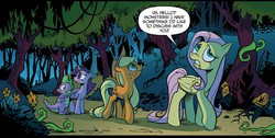 Size: 1400x706 | Tagged: safe, idw, official comic, applejack, fluttershy, spike, twilight sparkle, alicorn, pony, g4, spoiler:comic, spoiler:comic28, female, lip bite, mare, panel, twilight sparkle (alicorn)