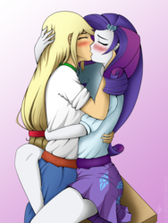 Size: 1080x1435 | Tagged: safe, artist:g-glory, applejack, rarity, human, equestria girls, g4, clothes, couples, denim skirt, female, kiss on the lips, kissing, leg lock, lesbian, ship:rarijack, shipping, skirt