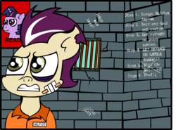 Size: 1125x833 | Tagged: safe, artist:lordcurly972, high heel, twilight sparkle, g4, bandage, black eye, clothes, jail, prison outfit