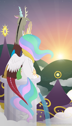 Size: 635x1100 | Tagged: safe, artist:shadobabe, discord, princess celestia, g4, female, male, ship:dislestia, shipping, straight, sunrise