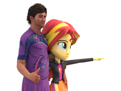 Size: 1040x780 | Tagged: safe, artist:3d thread, artist:creatorofpony, sunset shimmer, twilight sparkle, oc, oc:>rape, equestria girls, g4, /mlp/, 3d, 3d model, 4chan cup, >rape, blender, clothes, cutie mark, duo, jacket, looking at you, pointing, shirt, shorts, skirt, smiling, smirk, thumbs up, uniform