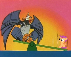 Size: 694x555 | Tagged: safe, edit, edited screencap, screencap, scootaloo, g4, crossover, deathsaurus, playing, seesaw, transformers, transformers victory
