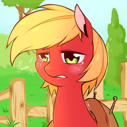 Size: 900x900 | Tagged: safe, artist:cold-blooded-twilight, big macintosh, earth pony, pony, g4, blushing, colt, crying, dialogue, lil macintosh, male, solo