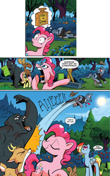 Size: 1345x2154 | Tagged: safe, artist:andy price, edit, idw, official comic, bramble, fluttershy, jargon, pinkie pie, rainbow dash, deer, earth pony, fawn, gorilla, moose, pegasus, pony, squirrel, g4, spoiler:comic, spoiler:comic28, barrel, comic, female, karma, mare, perfume, speech bubble