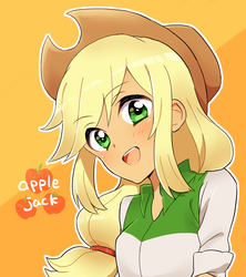 Size: 1133x1275 | Tagged: safe, artist:merryyy87, applejack, human, equestria girls, g4, apple, applejack's hat, clothes, cowboy hat, female, food, hat, looking at you, open mouth, shirt, solo