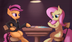 Size: 1920x1120 | Tagged: safe, artist:subjectnumber2394, fluttershy, scootaloo, pegasus, pony, g4, chair, clothes, jacket, leather jacket, magic the gathering, older, older scootaloo, sitting