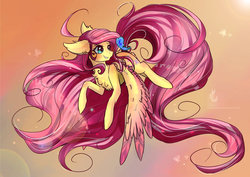 Size: 1024x724 | Tagged: safe, artist:wilvarin-liadon, fluttershy, butterfly, g4, female, flying, looking at something, solo, spread wings