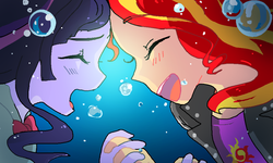 Size: 1000x600 | Tagged: safe, artist:quizia, sunset shimmer, twilight sparkle, equestria girls, g4, rainbow rocks, blushing, female, holding hands, lesbian, open mouth, ship:sunsetsparkle, shipping, this will end in death, twilight sparkle (alicorn), underwater