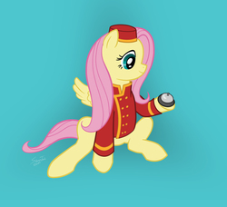 Size: 958x874 | Tagged: safe, artist:silvertailwuf, fluttershy, g4, bell, bellhop, clothes, costume, female, hat, hotel, solo