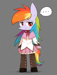 Size: 1000x1300 | Tagged: safe, artist:joycall6, rainbow dash, pony, semi-anthro, g4, ..., abstract background, bipedal, blushing, bowtie, clothes, female, homura akemi, mare, puella magi madoka magica, rainbow dash always dresses in style, skirt, solo, stockings, thigh highs, wingless