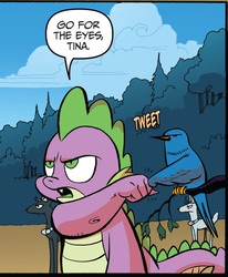 Size: 701x850 | Tagged: safe, artist:andypriceart, idw, official comic, spike, tina, bird, bluebird, deer, dragon, songbird, g4, spoiler:comic, spoiler:comic28, baldur's gate, brofist, comic, cropped, duo focus, fist bump, idw advertisement, male, speech bubble, unnamed character, unnamed deer, you know for kids