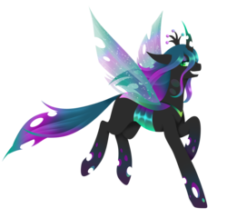 Size: 2397x2303 | Tagged: safe, artist:fuyusfox, queen chrysalis, changeling, changeling queen, g4, colored wings, crown, female, gradient wings, grin, high res, jewelry, looking back, multicolored hair, multicolored wings, rainbow hair, rainbow power, rainbow power-ified, rainbow tail, rainbow wings, regalia, simple background, smiling, solo, sparkly wings, transparent background, wings