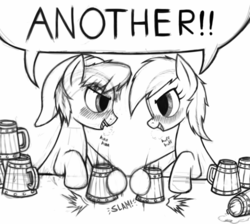 Size: 1260x1130 | Tagged: safe, artist:anearbyanimal, earth pony, pony, blushing, cider, dialogue, drinking, drinking contest, drunk, epona, eye contact, female, grayscale, hat, link, looking at each other, male, mare, monochrome, motion lines, open mouth, ponified, smiling, stallion, the legend of zelda, wip