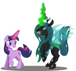Size: 3205x3000 | Tagged: dead source, safe, artist:theshadowstone, queen chrysalis, twilight sparkle, changeling, changeling queen, pony, unicorn, g4, female, fight, high res, magic, mare, simple background, transparent background, unicorn twilight, vector