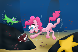 Size: 1600x1060 | Tagged: safe, artist:uwdr-64, gummy, pinkie pie, alligator, earth pony, eel, fish, moray eel, pony, starfish, g4, bubble, female, mare, ocean, swimming, this will end in pain, underwater