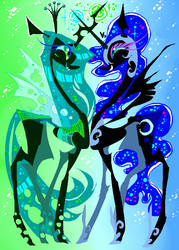 Size: 555x777 | Tagged: safe, artist:suippumato, nightmare moon, queen chrysalis, alicorn, changeling, changeling queen, pony, g4, female, lesbian, ship:chrysmoon, shipping