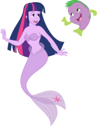 Size: 1077x1401 | Tagged: safe, artist:kaylathehedgehog, spike, twilight sparkle, fish, mermaid, equestria girls, g4, ariel, belly button, cleavage, crossover, disney, duo, female, fishified, flounder (the little mermaid), hilarious in hindsight, mermaid princess, mermaid tail, mermaidized, midriff, seashell, seashell bra, simple background, species swap, the little mermaid, transparent background, twilight sparkle (alicorn)