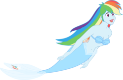 Size: 1412x929 | Tagged: safe, artist:kaylathehedgehog, rainbow dash, mermaid, equestria girls, g4, belly button, cleavage, crossover, female, mermaid tail, mermaidized, midriff, seashell, seashell bra, simple background, species swap, the little mermaid, transparent background