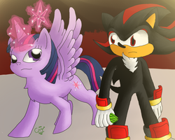 Size: 1000x800 | Tagged: safe, artist:celecrypt, twilight sparkle, alicorn, pony, g4, chaos emerald, crossover, element of magic, female, male, mare, request, shadow the hedgehog, sonic the hedgehog, sonic the hedgehog (series), twilight sparkle (alicorn)