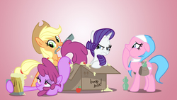 Size: 1280x720 | Tagged: safe, artist:kyle23emma, aloe, applejack, berry punch, berryshine, rarity, g4, boop box, box, cider, saddle bag