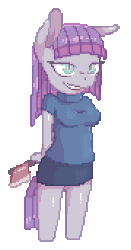 Size: 360x688 | Tagged: safe, artist:lonelycross, maud pie, anthro, g4, animated, axe, clothes, female, grin, pixel art, short-sleeved sweater, skirt, slit pupils, smiling, solo, sweater, yandere