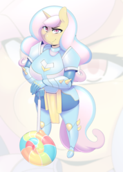 Size: 1069x1500 | Tagged: safe, artist:3mangos, oc, oc only, oc:pop candy, unicorn, anthro, anthro oc, armor, big breasts, breasts, female, lollipop, looking at you
