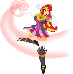 Size: 1217x1229 | Tagged: safe, artist:lil miss jay, artist:sketchy brush, sunset shimmer, equestria girls, g4, boots, bow, breasts, busty sunset shimmer, clothes, collaboration, evening gloves, female, magic, magical girl, magical sunset-chan, red hair, simple background, skirt, socks, solo, thigh highs, thigh socks, transparent background, uniform, vector, vector trace