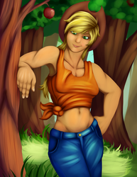 Size: 2550x3300 | Tagged: safe, artist:grennadder, applejack, human, g4, apple tree, armpits, belly, belly button, clothes, collarbone, female, fit, front knot midriff, high res, humanized, leaning, looking at you, midriff, muscles, slender, smiling, solo, sternocleidomastoid, tank top, thin, tree