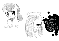 Size: 1097x768 | Tagged: safe, artist:weiliy, bon bon, pinkie pie, sweetie drops, g4, grayscale, japanese, monochrome