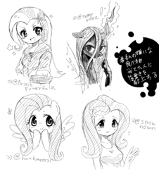 Size: 1097x1215 | Tagged: safe, artist:weiliy, fluttershy, queen chrysalis, trixie, changeling, equestria girls, g4, grayscale, japanese, monochrome