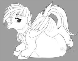 Size: 1280x1005 | Tagged: safe, artist:nummynumz, oc, oc only, oc:cold front, pegasus, pony, belly, fetish, goatee, goggles, looking back, male, smiling, solo, stallion, unshorn fetlocks, vore