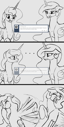 Size: 2812x5544 | Tagged: safe, artist:silfoe, princess celestia, princess luna, royal sketchbook, g4, ask, denied, disgusted, grayscale, monochrome, scrunchy face, shipping denied, sketch, tongue out, tumblr