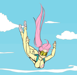 Size: 1280x1260 | Tagged: safe, artist:scorpdk, fluttershy, human, g4, air ponyville, ass, backbend, breasts, butt, clothes, cloud, colored, female, goggles, humanized, parachute, sky, skydiving, smiling, solo