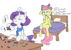 Size: 1997x1402 | Tagged: dead source, safe, artist:nobody, fluttershy, rarity, g4, braces, hair curlers, makeover, makeup, teenager