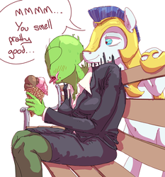 Size: 2039x2184 | Tagged: safe, artist:nobody, oc, oc only, oc:anon, oc:femanon, human, pony, creepy, dialogue, guard, high res, ice cream, male, sexual harassment, smelling, stallion
