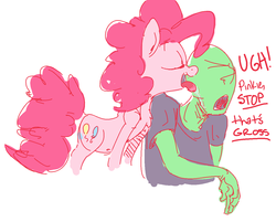 Size: 1253x1005 | Tagged: safe, artist:nobody, pinkie pie, oc, oc:anon, human, g4, behaving like a dog, horses doing horse things, licking