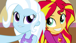 Size: 1280x720 | Tagged: safe, artist:hakunohamikage, sunset shimmer, trixie, equestria girls, g4, my little pony equestria girls: rainbow rocks, clothes, cute, diatrixes, duo, pajamas, portrait, selfie, shimmerbetes, slumber party, smiling, vector, wallpaper