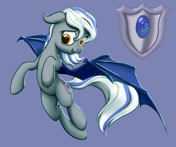 Size: 3805x3180 | Tagged: safe, artist:nadnerbd, oc, oc only, oc:opal, bat pony, pony, female, flying, high res, looking at you, shield, solo