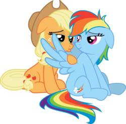 Size: 5307x5208 | Tagged: safe, artist:daydreamsyndrom, applejack, rainbow dash, earth pony, pegasus, pony, g4, absurd resolution, backwards cutie mark, female, lesbian, mare, pouting, ship:appledash, shipping, simple background, sitting, spread wings, transparent background, vector, wings