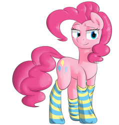 Size: 746x783 | Tagged: safe, artist:victoreach, pinkie pie, earth pony, pony, g4, bedroom eyes, clothes, female, simple background, socks, solo, striped socks, white background, wip