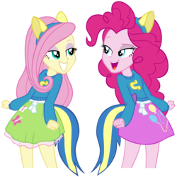 Size: 5000x5000 | Tagged: dead source, safe, artist:pinkiespartygirl, fluttershy, pinkie pie, equestria girls, g4, my little pony equestria girls, absurd resolution, bedroom eyes, clothes, cutie mark on clothes, duo, fluttershy's skirt, simple background, skirt, transparent background, vector, wondercolts