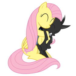 Size: 1024x1024 | Tagged: safe, artist:xyotic, fluttershy, changeling, pegasus, pony, g4, ^^, cuddling, cute, cuteling, duo, eyes closed, hug, shyabetes, simple background, smiling, snuggling, spooning, transparent background, vector